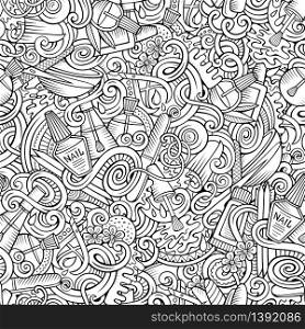 Cartoon cute doodles hand drawn Manicure seamless pattern. line art detailed, with lots of objects background. Endless funny vector illustration. Sketchy backdrop with nail symbols and items. Cartoon doodles Manicure seamless pattern