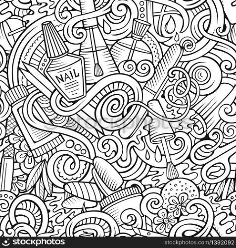 Cartoon cute doodles hand drawn Manicure seamless pattern. line art detailed, with lots of objects background. Endless funny vector illustration. Sketchy backdrop with nail symbols and items. Cartoon doodles Manicure seamless pattern