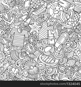 Cartoon cute doodles hand drawn Marine seamless pattern. Line art detailed, with lots of objects background. Endless funny vector illustration. All objects separate.. Cartoon cute doodles hand drawn Marine seamless pattern.
