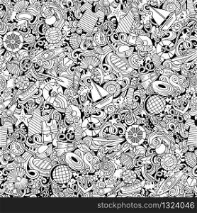 Cartoon cute doodles hand drawn Marine seamless pattern. Line art detailed, with lots of objects background. Endless funny vector illustration. All objects separate.. Cartoon cute doodles hand drawn Marine seamless pattern.