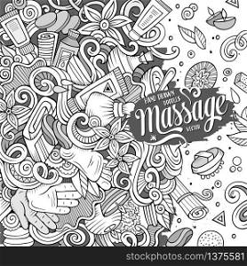 Cartoon cute doodles hand drawn Massage frame design. Line art detailed, with lots of objects background. Funny vector illustration. Vintage border with spa items. Cartoon cute doodles Massage frame
