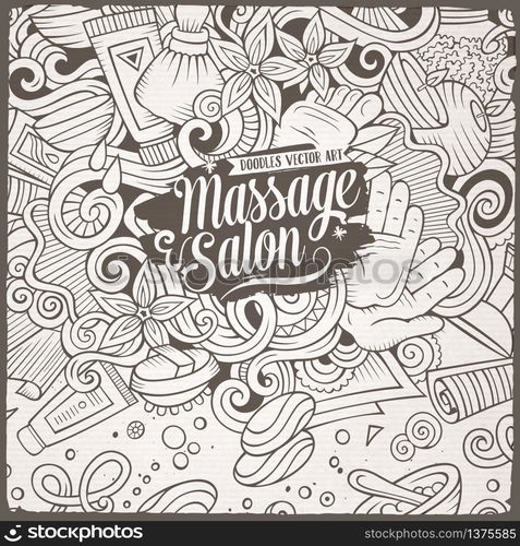 Cartoon cute doodles hand drawn Massage frame design. Line art detailed, with lots of objects background. Funny vector illustration. Vintage border with spa items. Cartoon cute doodles Massage frame