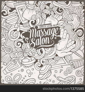 Cartoon cute doodles hand drawn Massage frame design. Line art detailed, with lots of objects background. Funny vector illustration. Vintage border with spa items. Cartoon cute doodles Massage frame