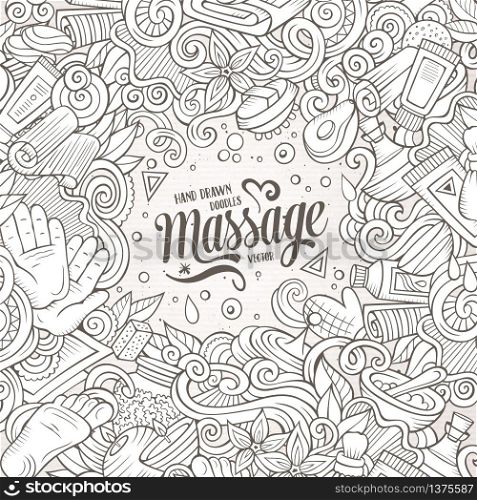 Cartoon cute doodles hand drawn Massage frame design. Line art detailed, with lots of objects background. Funny vector illustration. Vintage border with spa items. Cartoon cute doodles Massage frame