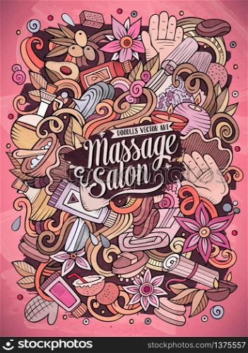 Cartoon cute doodles hand drawn Massage illustration. Colorful detailed, with lots of objects background. Funny vector artwork. Bright colors picture with Spa theme items.. Cartoon cute doodles hand drawn Massage illustration