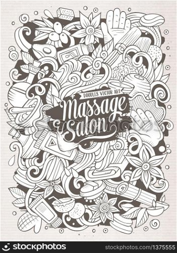 Cartoon cute doodles hand drawn Massage illustration. Line art detailed, with lots of objects background. Funny vector artwork. Contour picture with Spa theme items.. Cartoon cute doodles hand drawn Massage illustration