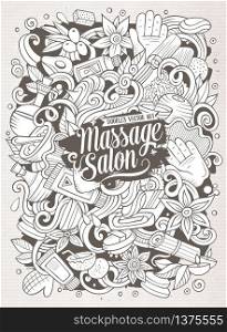Cartoon cute doodles hand drawn Massage illustration. Line art detailed, with lots of objects background. Funny vector artwork. Contour picture with Spa theme items.. Cartoon cute doodles hand drawn Massage illustration