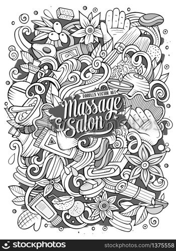 Cartoon cute doodles hand drawn Massage illustration. Line art detailed, with lots of objects background. Funny vector artwork. Contour picture with Spa theme items.. Cartoon cute doodles hand drawn Massage illustration