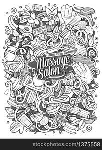 Cartoon cute doodles hand drawn Massage illustration. Line art detailed, with lots of objects background. Funny vector artwork. Contour picture with Spa theme items.. Cartoon cute doodles hand drawn Massage illustration