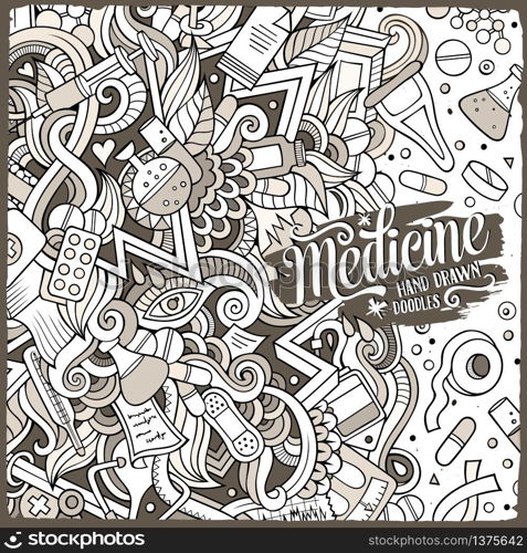 Cartoon cute doodles hand drawn Medical frame design. Line art detailed, with lots of objects background. Funny vector illustration. Vintage border with healthy items. Cartoon cute doodles Medical frame