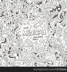 Cartoon cute doodles hand drawn Medical frame design. Line art detailed, with lots of objects background. Funny vector illustration. Vintage border with healthy items. Cartoon cute doodles Medical frame