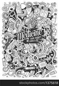 Cartoon cute doodles hand drawn Medical illustration. Line art detailed, with lots of objects background. Funny vector artwork. Sketchy picture with Health theme items. Cartoon cute doodles hand drawn Medical illustration