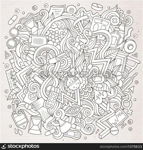 Cartoon cute doodles hand drawn Medical illustration. Line art detailed, with lots of objects background. Funny vector artwork. Contour picture with Health theme items. Cartoon cute doodles hand drawn Medical illustration
