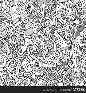 Cartoon cute doodles hand drawn Medical seamless pattern. Line art detailed, with lots of objects background. Endless funny vector illustration. Contour backdrop. Cartoon cute doodles hand drawn Medical seamless pattern