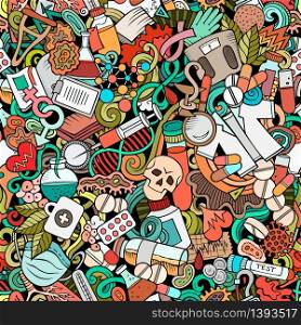 Cartoon cute doodles hand drawn Medicine seamless pattern. Colorful detailed, with lots of objects background. Endless funny vector illustration. All objects separate.. Cartoon cute doodles hand drawn Medicine seamless pattern.