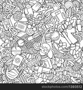 Cartoon cute doodles hand drawn Medicine seamless pattern. Sketchy detailed, with lots of objects background. Endless funny vector illustration. All objects separate.. Cartoon cute doodles hand drawn Medicine seamless pattern.