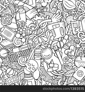 Cartoon cute doodles hand drawn Medicine seamless pattern. Sketchy detailed, with lots of objects background. Endless funny vector illustration. All objects separate.. Cartoon cute doodles hand drawn Medicine seamless pattern.