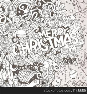 Cartoon cute doodles hand drawn Merry Christmas illustration. Picture with New Year theme items. Doodle inscription 2017. Line art detailed, with lots of objects background. Funny vector artwork.. Cartoon cute doodles hand drawn Merry Christmas illustration