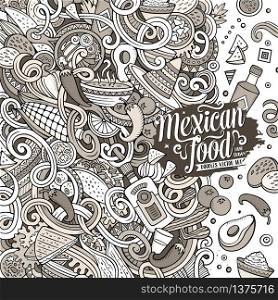 Cartoon cute doodles hand drawn Mexican food frame design. Line art detailed, with lots of objects background. Funny vector illustration. Sketchy border with latin american cusine theme items. Cartoon mexican food doodles illustration