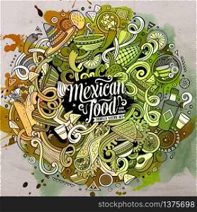 Cartoon cute doodles hand drawn Mexican food illustration. Line art detailed, with lots of objects background. Funny vector artwork. Watercolor picture with Mexico cuisine theme items. Cartoon cute doodles Mexican food illustration