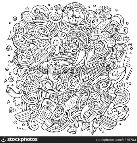 Cartoon cute doodles hand drawn Mexican food illustration. Line art detailed, with lots of objects background. Funny vector artwork. Sketchy picture with Mexico cuisine theme items. Cartoon cute doodles Mexican food illustration