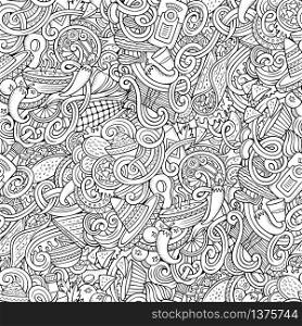 Cartoon cute doodles hand drawn mexican food seamless pattern. Contour detailed, with lots of objects background. Endless funny vector illustration. Line art backdrop.. Cartoon mexican food doodles seamless pattern