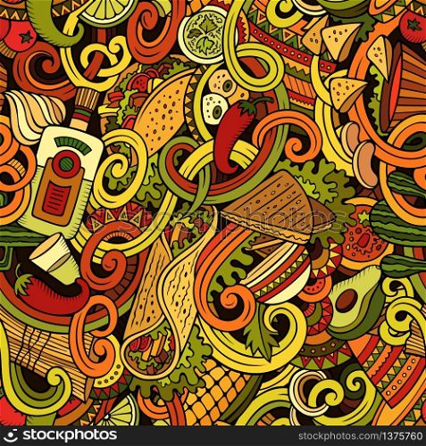 Cartoon cute doodles hand drawn mexican food seamless pattern. Colorful detailed, with lots of objects background. Endless funny vector illustration. Bright colors backdrop. Cartoon mexican food doodles seamless pattern