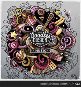 Cartoon cute doodles hand drawn Music illustration. Colorful detailed, with lots of objects background. Funny vector grunge artwork. Cartoon cute doodles hand drawn Music illustration