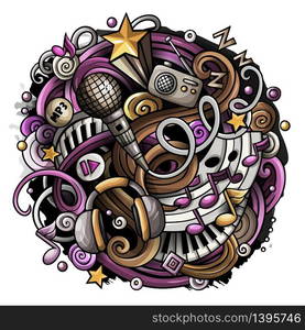 Cartoon cute doodles hand drawn Music illustration. Colorful detailed, with lots of objects background. All items are separate. Funny vector artwork. Cartoon cute doodles Music illustration