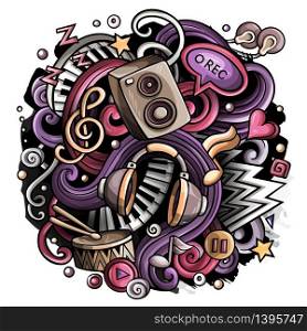 Cartoon cute doodles hand drawn Music illustration. Colorful detailed, with lots of objects background. All items are separate. Funny vector artwork. Cartoon cute doodles Music illustration