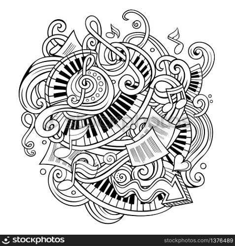 Cartoon cute doodles hand drawn Music illustration. Line art detailed, with lots of objects background. All items are separate. Funny vector artwork. Cartoon cute doodles Music illustration