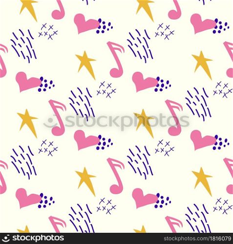 Cartoon cute doodles hand drawn Musical seamless pattern. Colorful detailed, with lots of objects background. Bright colors backdrop with music symbols and items. Cartoon cute doodles hand drawn Musical seamless pattern. Colorful detailed, with lots of objects background.