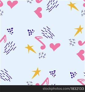 Cartoon cute doodles hand drawn Musical seamless pattern. Colorful detailed, with lots of objects background. Bright colors backdrop with music symbols and items. Cartoon cute doodles hand drawn Musical seamless pattern. Colorful detailed, with lots of objects background.