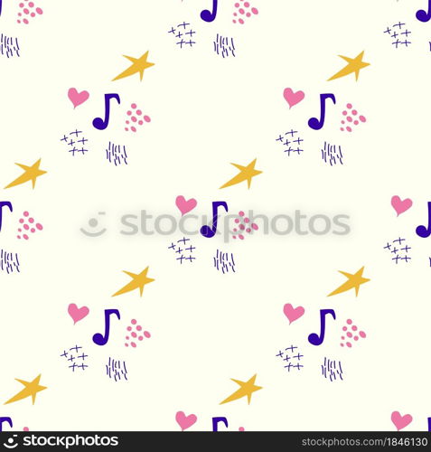 Cartoon cute doodles hand drawn Musical seamless pattern. Colorful detailed, with lots of objects background. Bright colors backdrop with music symbols and items. Cartoon cute doodles hand drawn Musical seamless pattern. Colorful detailed, with lots of objects background.