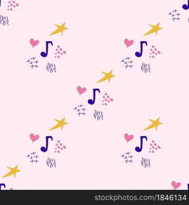 Cartoon cute doodles hand drawn Musical seamless pattern. Colorful detailed, with lots of objects background. Bright colors backdrop with music symbols and items. Cartoon cute doodles hand drawn Musical seamless pattern. Colorful detailed, with lots of objects background.