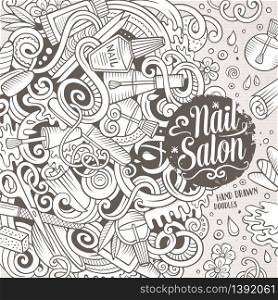 Cartoon cute doodles hand drawn Nail salon frame design. Sketchy detailed, with lots of objects background. Funny vector illustration. Line art border with Manicure items. Cartoon doodles Nail salon frame design