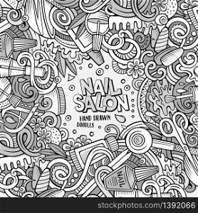 Cartoon cute doodles hand drawn Nail salon frame design. Sketchy detailed, with lots of objects background. Funny vector illustration. Line art border with Manicure items. Cartoon doodles Nail salon frame design