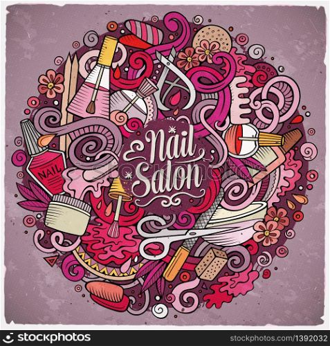 Cartoon cute doodles hand drawn Nail salon illustration. Colorful detailed, with lots of objects background. Funny vector artwork. Bright colors picture with Manicure theme items. Cartoon doodles Nail salon illustration