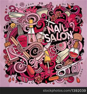 Cartoon cute doodles hand drawn Nail salon illustration. Colorful detailed, with lots of objects background. Funny vector artwork. Bright colors picture with Manicure theme items. Cartoon doodles Nail salon illustration