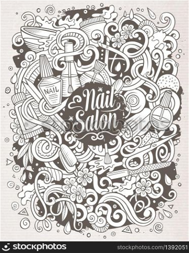 Cartoon cute doodles hand drawn Nail salon illustration. Sketchy detailed, with lots of objects background. Funny vector artwork. Line art picture with Manicure theme items. Cartoon doodles Nail salon illustration