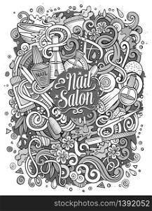 Cartoon cute doodles hand drawn Nail salon illustration. Sketchy detailed, with lots of objects background. Funny vector artwork. Line art picture with Manicure theme items. Cartoon doodles Nail salon illustration