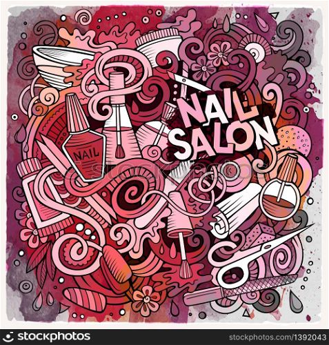 Cartoon cute doodles hand drawn Nail salon illustration. Watercolour detailed, with lots of objects background. Funny vector artwork. Line art picture with Manicure theme items. Cartoon doodles Nail salon illustration