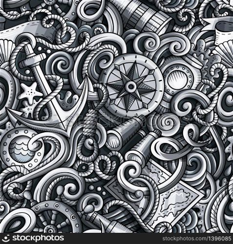 Cartoon cute doodles hand drawn Nautical seamless pattern. Monochrome detailed, with lots of objects background. Endless funny vector illustration with Marine symbols and items. Cartoon hand-drawn nautical doodles seamless pattern