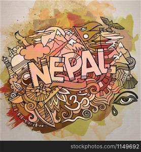 Cartoon cute doodles hand drawn Nepal inscription. Watercolor detailed illustration. Lots of objects background. Funny vector holiday artwork. Cartoon cute doodles hand drawn Nepal inscription
