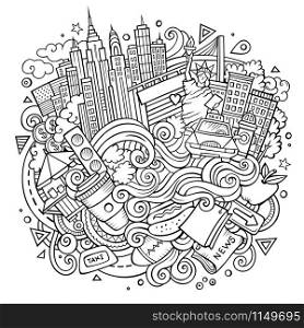 Cartoon cute doodles hand drawn New York contour illustration. Line art detailed, with lots of objects background. Funny vector artwork. Cartoon cute doodles hand drawn NYC illustration
