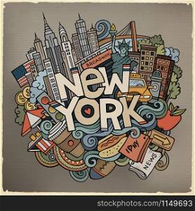 Cartoon cute doodles hand drawn New York inscription. Colorful illustration with american theme items. Line art detailed, with lots of objects background. Funny vector artwork. Cartoon cute doodles hand drawn New York inscription