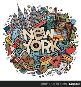 Cartoon cute doodles hand drawn New York inscription. Colorful illustration with american theme items. Line art detailed, with lots of objects background. Funny vector artwork. Cartoon cute doodles hand drawn New York inscription