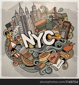 Cartoon cute doodles hand drawn New York inscription. Colorful illustration with american theme items. Line art detailed, with lots of objects background. Funny vector artwork. Cartoon cute doodles hand drawn NYC inscription