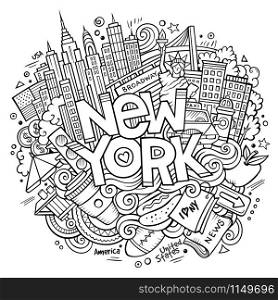 Cartoon cute doodles hand drawn New York inscription. Sketch illustration with american theme items. Line art detailed, with lots of objects background. Funny vector artwork. Cartoon cute doodles hand drawn New York inscription