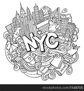 Cartoon cute doodles hand drawn New York inscription. Sketch illustration with american theme items. Line art detailed, with lots of objects background. Funny vector artwork. Cartoon cute doodles hand drawn NYC inscription